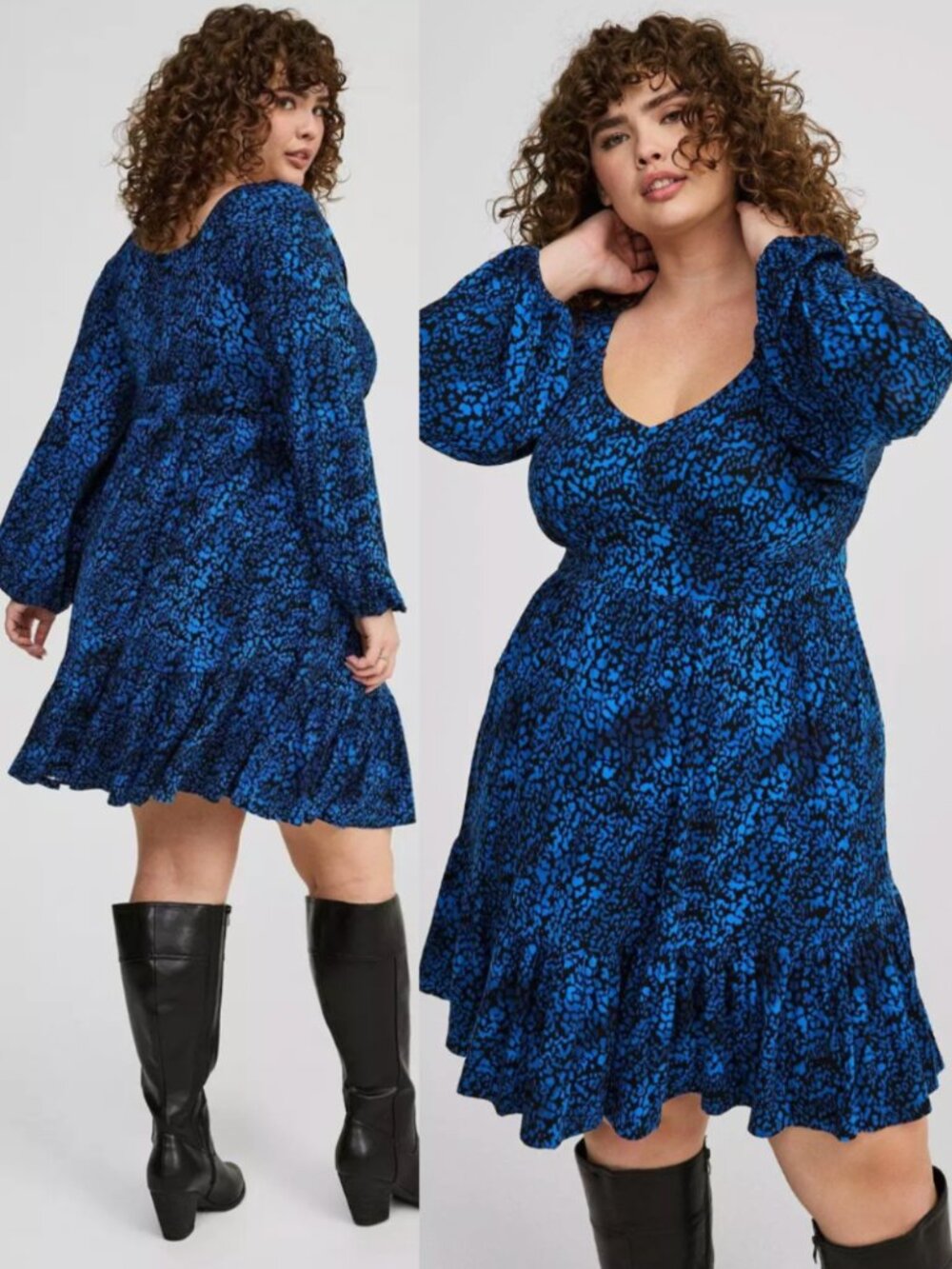 TORRID 4 Plus Size Mini Super Soft Tiered Skater Dress Blue Black Long Sleeve 4X